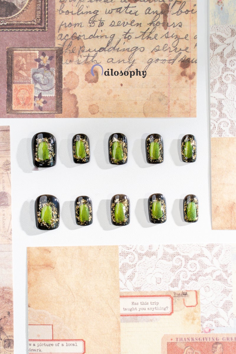 Nailosophy Handmade Luxury Press-on Nails Emerald Cat-Eye & Gold Foil on Black | Square Shape - Image 2